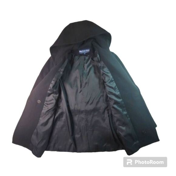 Herman Kay 100% Wool Double Breasted, Hooded, Black Pea Coat Sz S - Picture 3 of 9